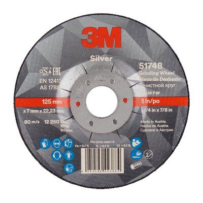 3M™ Silver Depressed Centre Grinding Wheel 125mm x 7mm x 22.2mm - Pack Of 10