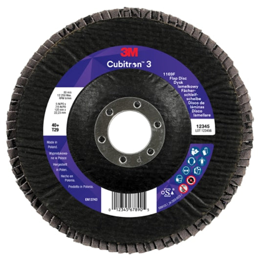3M™ Cubitron™ 3 Flap Disc 1169F, 125 mm x 22.23 mm 40+, T29-Conical, - Pack of 10