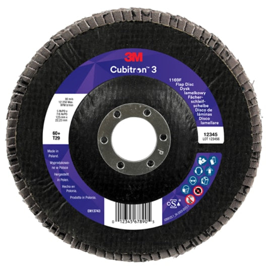 3M™ Cubitron™ 3 Flap Disc 1169F, 125 mm x 22.23 mm 60+, T29-Conical, - Pack of 10