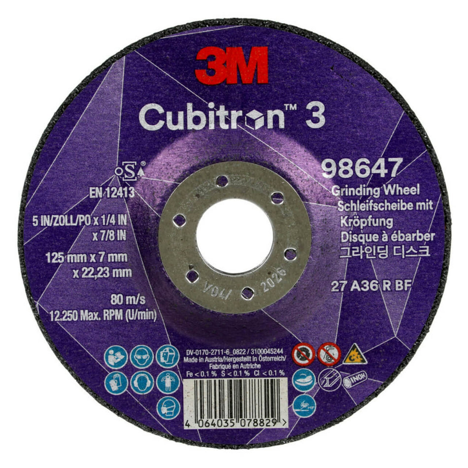 3M Cubitron 3 Depressed Center Grinding Wheel 125mm x 7mm x 22.2mm - Pack Of 10