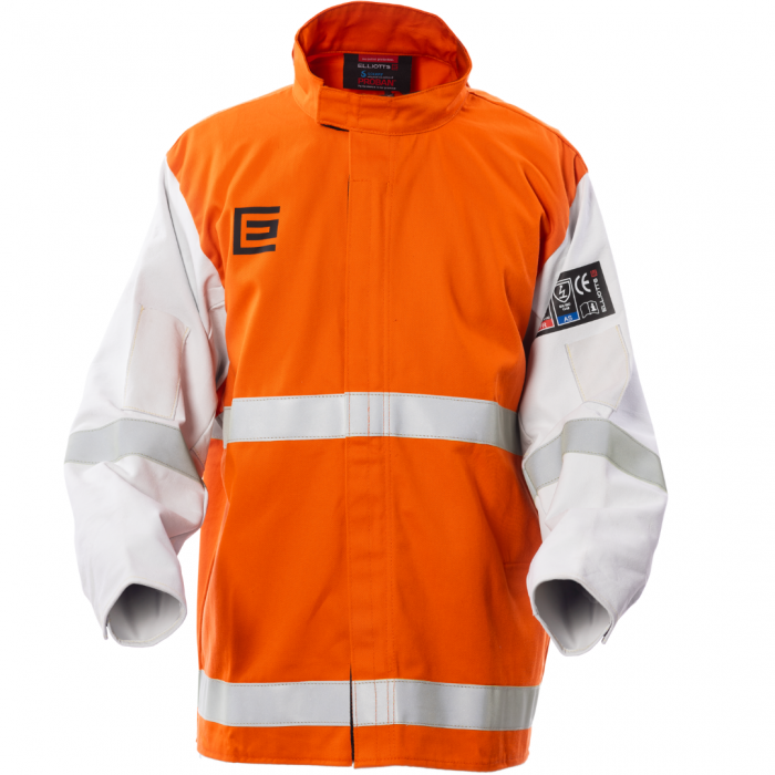 ELLIOTTS Proban® High Visibility Orange Welding Jacket with Chrome Leather Sleeves